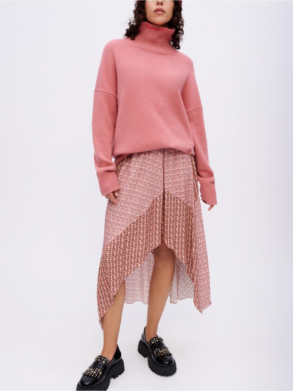 Maje asymmetric patchwork satin midi skirt